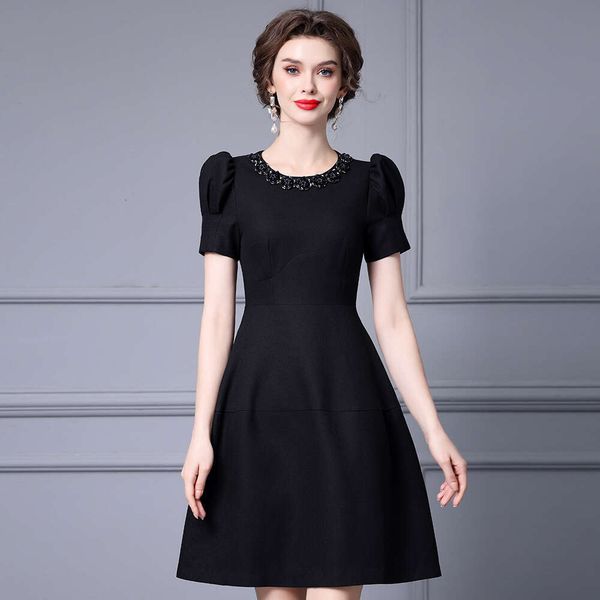 Bubble Sleeve Little Black 2024 New End Luxury Style Handmade Nail Diamond High Waisted Umbrella Swing Dress Summer Loose Silk Dress Round N
