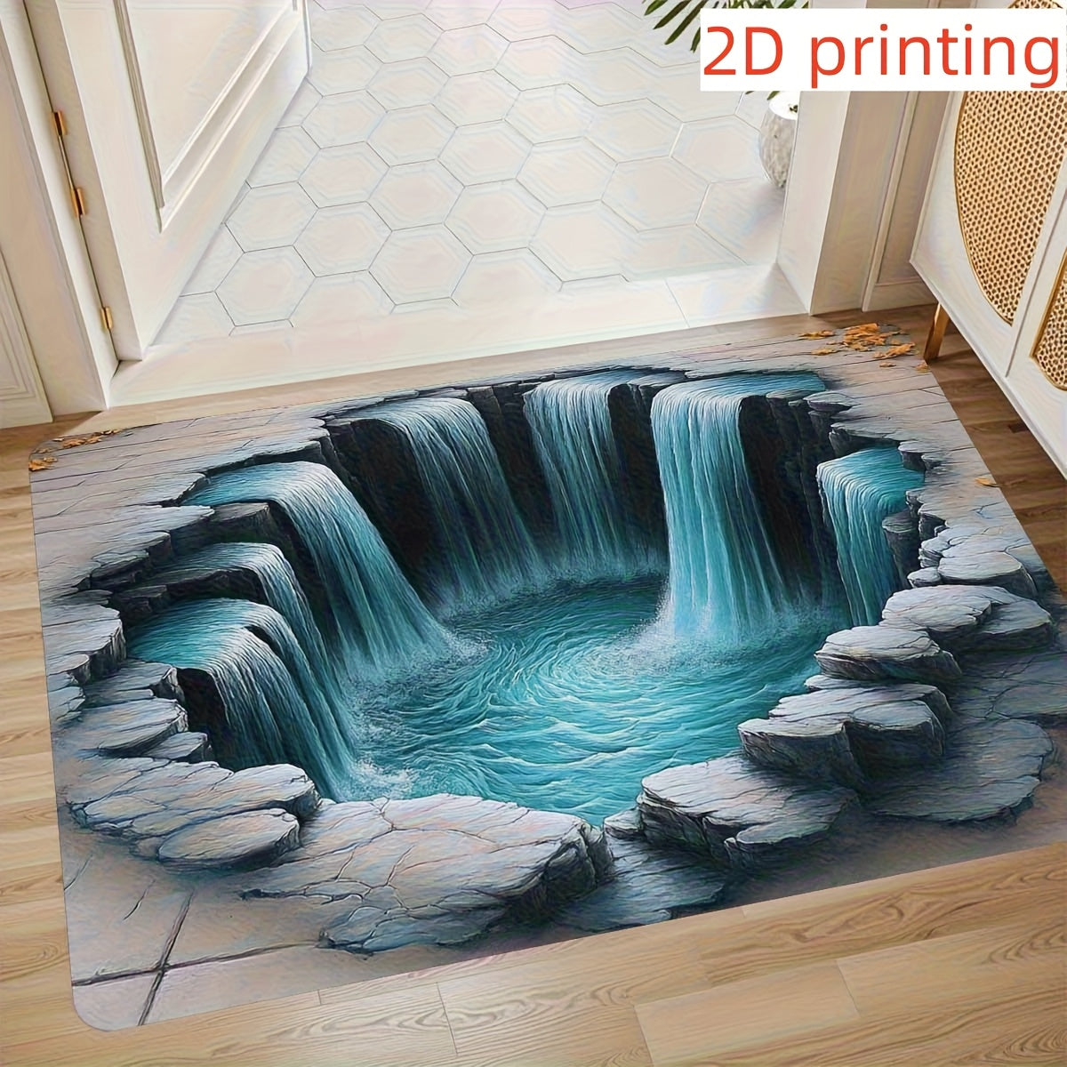 TEMU 1pc Door Mat 3d Effect Durble Waterfall Illusion Doormat - Machine Washable Non-slip Rubber Backed, Floor Mat For Entrance, Living Room, Kitchen
