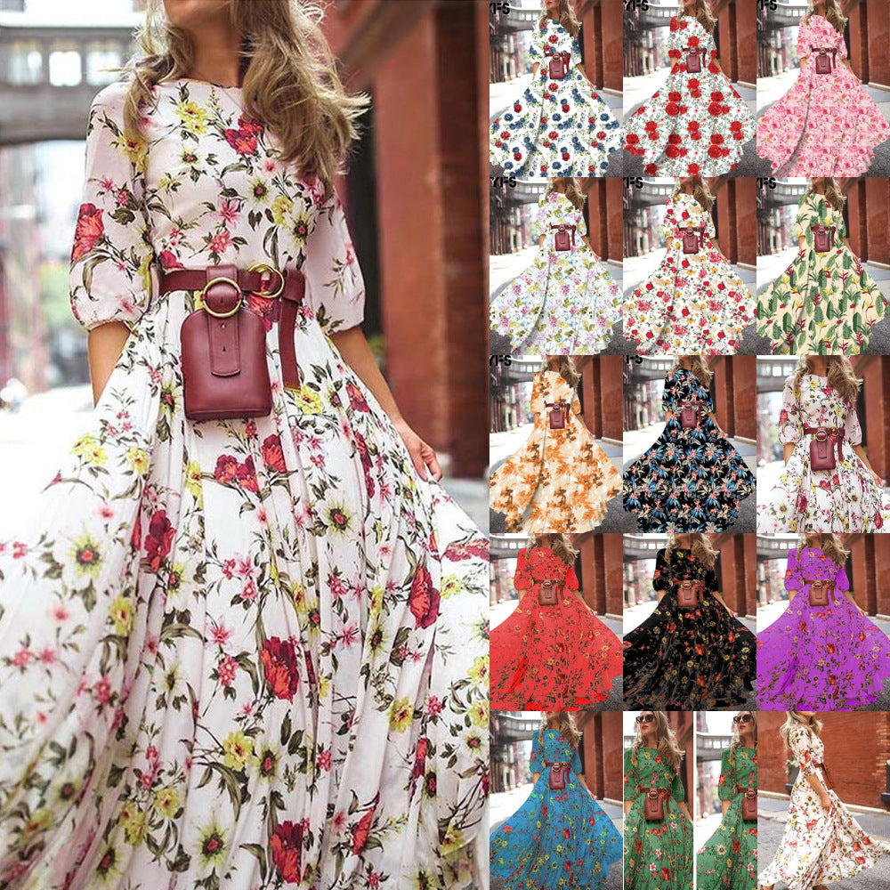 029 Spring European and American foreign trade new digital printing big swing dress holiday style long dress women&#039;s summer