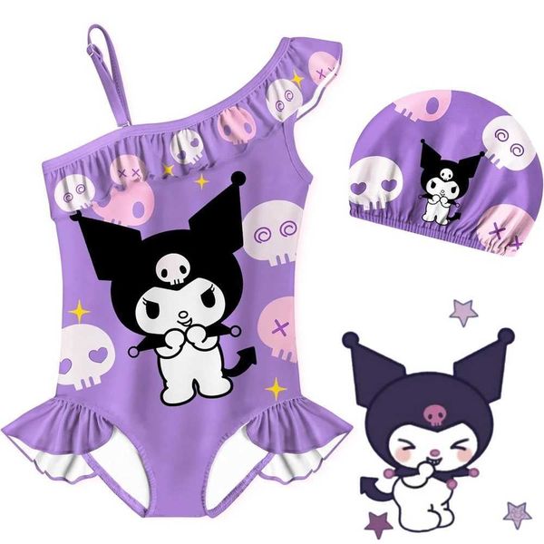 New Kuri Girl One-piece Swimsuit Swimming Hat Set Kaii Ruffle Edge Swimwear Anime Summer Surrounding Clothing Girl GiftsT250212