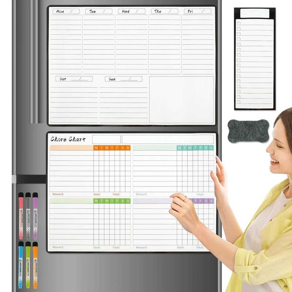 3Pcs Fridge Cndar Reusable Weekly Planning White Board Chore Chart with 6 Markers Pen EraserT250116
