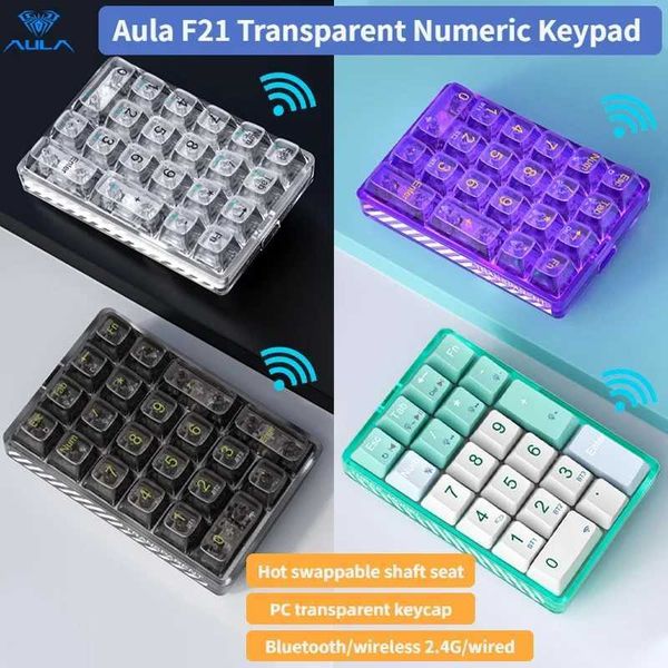 Keyboards AULA F21 Wireless Numeric Keypad 21Keys Mechanical Keyboard 3Mode Wireless Bluetooth RGB Backlight Transparent Gaming Number Pad S