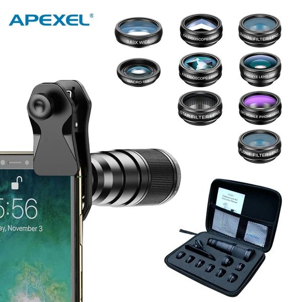 APEXEL 10 in 1 Mobile Phone Lens Kit 22X Telepo Fisheye Lens Wide Angle Macro LensCPL Star Flow Filters for All Smartphones 250210