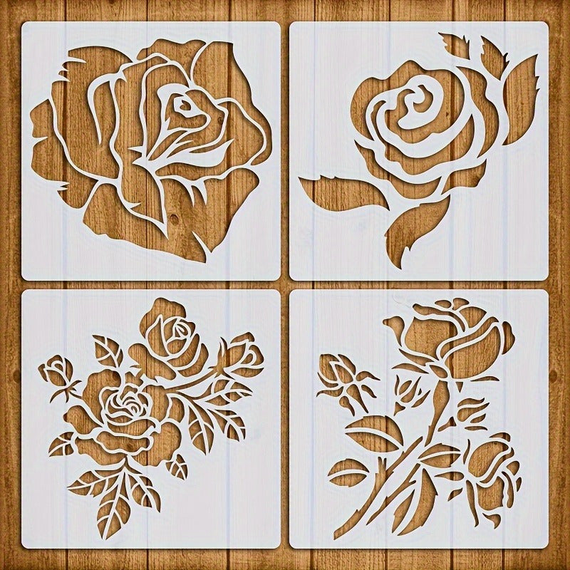 TEMU 4pcs Rose Stencil Set For Diy Crafts, Reusable Painting Templates For Wall Art, Scrapbooking & Coloring, Pet Material, Ivory Color