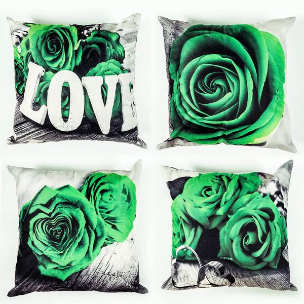 Green Rose Linen Pillowcase 4040 Living Room Sofa Cushion Cover 6060 Home Decoration Valentines Day Gift 250109