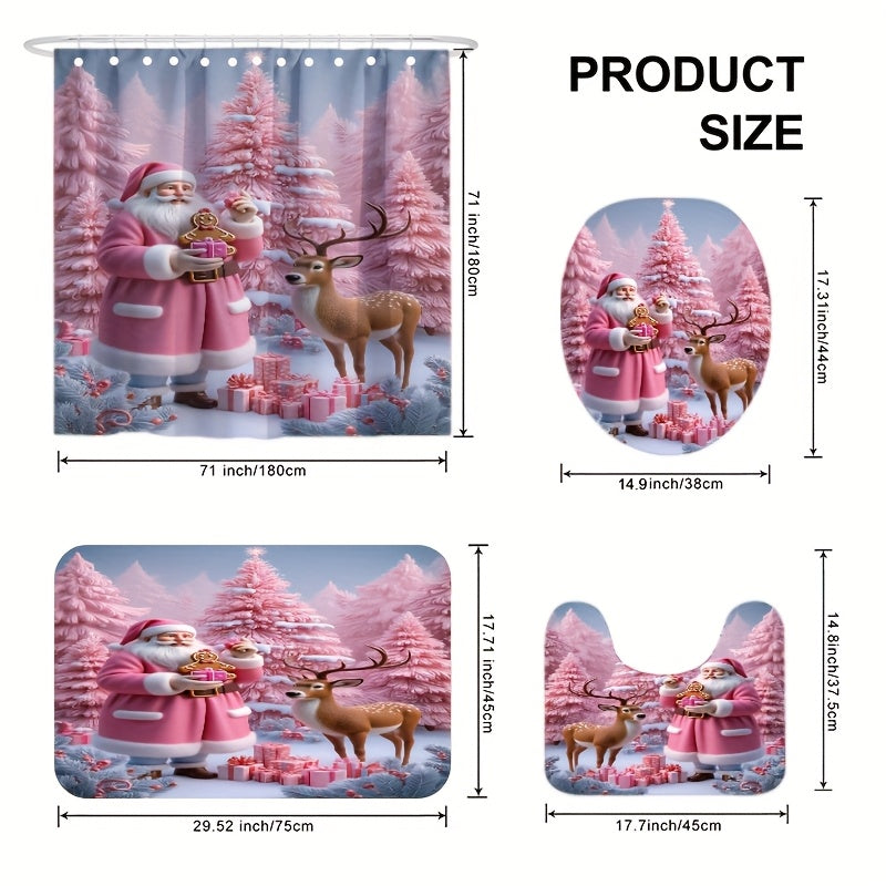 TEMU 1-4pcs Santa Claus And Deer Print Shower Curtain Set, Includes Shower Curtain, Non-slip Mat, Toilet Lid Cover, Bath Mat, And 12 Plastic Hooks,
