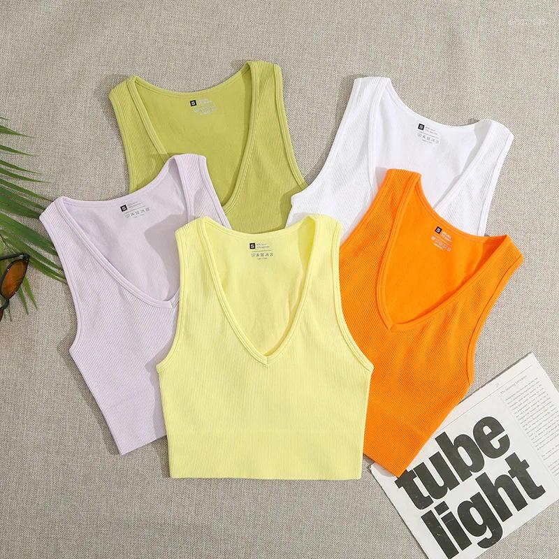 Women&#039;s T Shirts Polychrome V Neck Yoga Vest Gym Workout Crop Tops Women Seamless Thread Knitting Fitness Trainning Sports Elastic