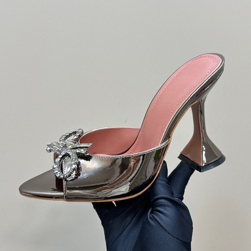 Bow Crystal Embellished High Heels 9.8cm High Heel Backless Sandals Women Luxury Designer Satin Sling Sandals Sunflower Evening Dress Wedding Shoes