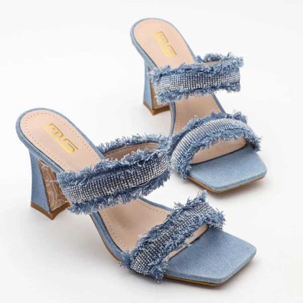 Dress Shoes Denim Sandals Woman Square Headed High Heels Female Open-toe Blue Mule Sandals Rhinestone Glitter Summer Brand Slippers Women T2