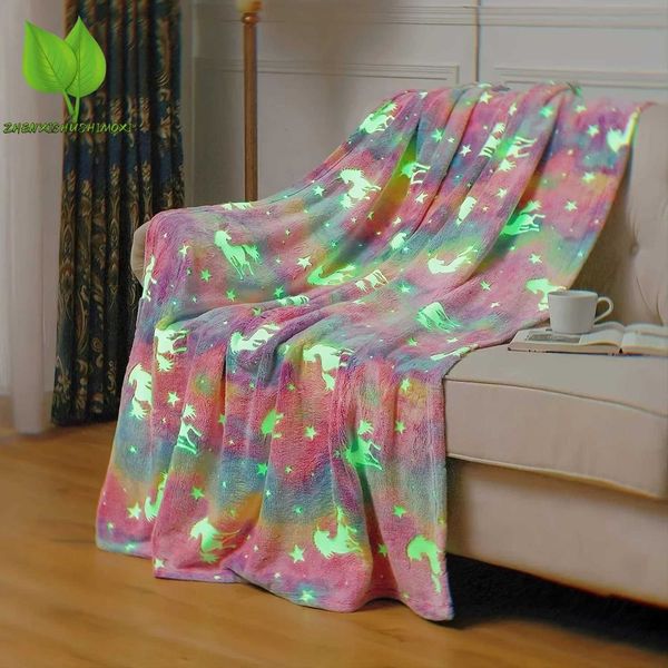 1pc Glow In The Dark Blanket Unicorn Flannel Throw Blanket Soft Warm Couch Blankets Lightweight Blanket For KidsM240807
