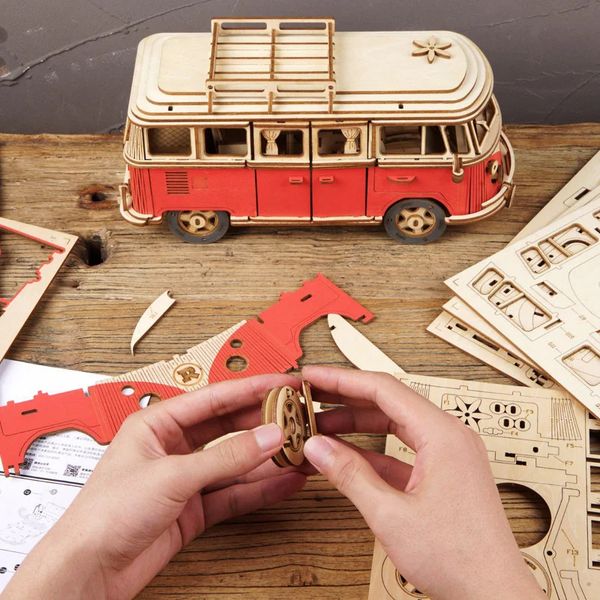 3D Puzzles DIY Manual Assembly Model Car Wooden Retro Bus 3D Puzzle Camper Van Children Boy Girl Gift Educational Toys Home Decoration 23121