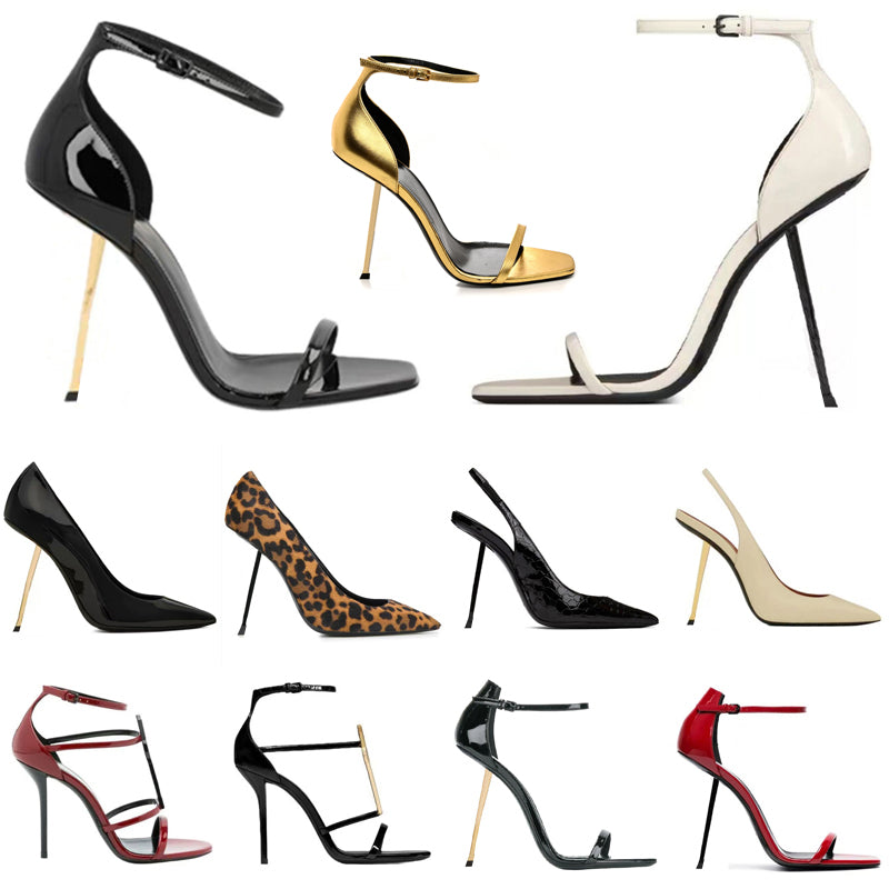 Women Mules Dress Shoes High Heels Womens Designer Genuine Leather Pumps Lady Sandals Classic Style Wedding Slingback Heels Black Golden Gold 8-10cm