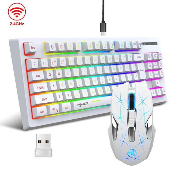 Keyboards 2.4G wireless keyboard and mouse kit 87Keys RGB color light C-type rechargeable matte keyboard and mouse combination Office gaming