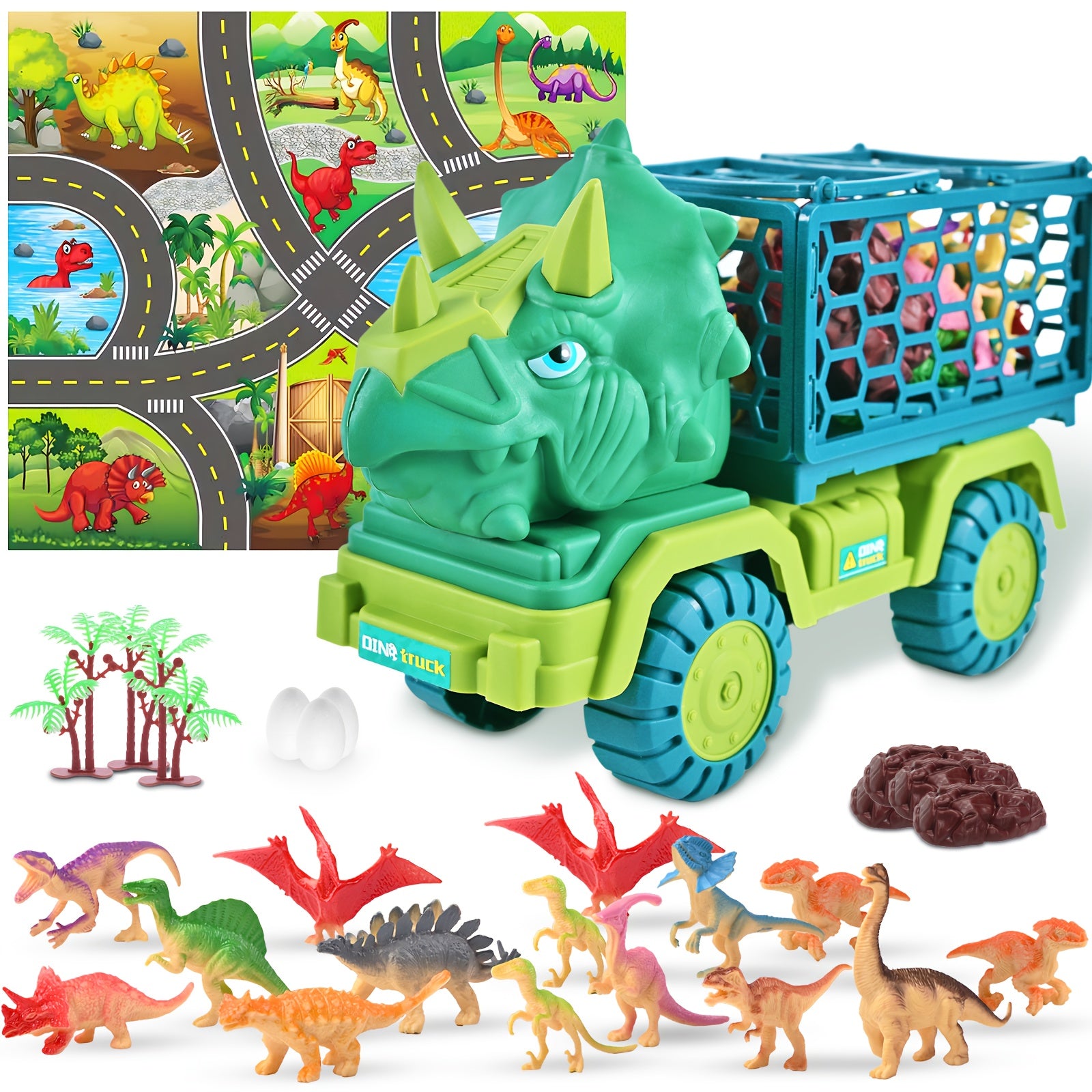 TEMU Dinosaur Truck Toys For Kids - 15 Dinosaur Figures, Large Activity Play Mat With Triceratops Car, & Playset For Boys And Girls, Dinosaur Toys,