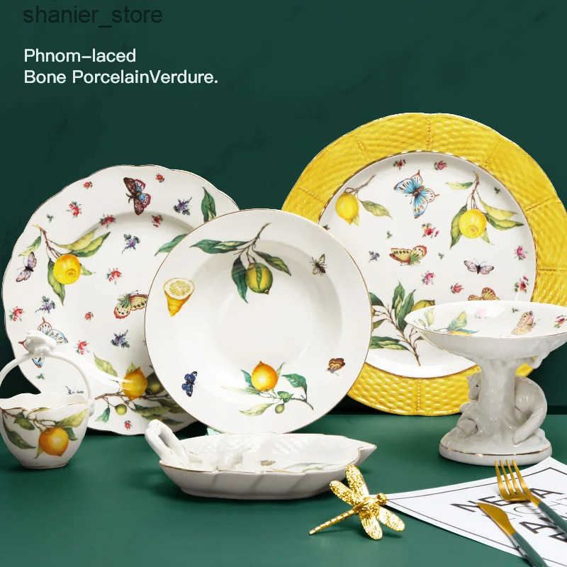 Dishes Plates European lemon pattern ceramic dinner plate steak bowl fruit candy Dim sum western dinner plate L240910