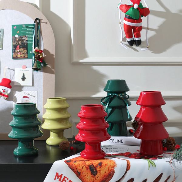 Nordic Ins Ceramic Christmas Tree Shape Vase Ornament Living Room Dining Table Flower Arrangement Container Christmas Decoration 241120
