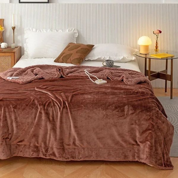 Lamb Cashmere Blanket for Bed Double Layer Coral Fleece Sofa Throw Winter Warm Bedspread Queen King Sheet 241029
