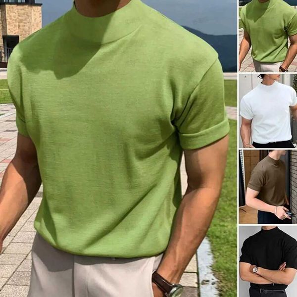 Mens camiseta de cor sólida cor de pescoço alto massado superior vestido absorvente fitness verão de mangas curtas M250108