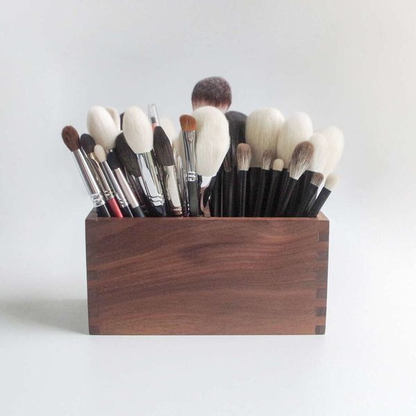 Natural Walnut Wood Make Up Brush Holder Pot Cube Cosmetics Tools Cyder Makeup Brushes Organizer Tube