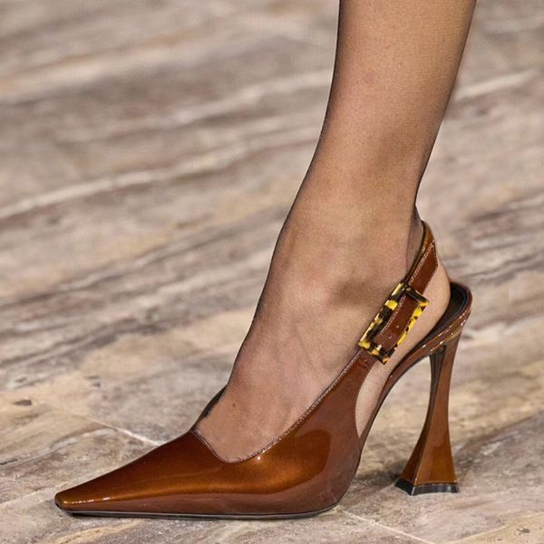 patent Leather flared Heels buckle Slingback Pumps shoes stiletto Heels sandals10.5cm women&#039;s Luxury Designer Dress square pointed toe
