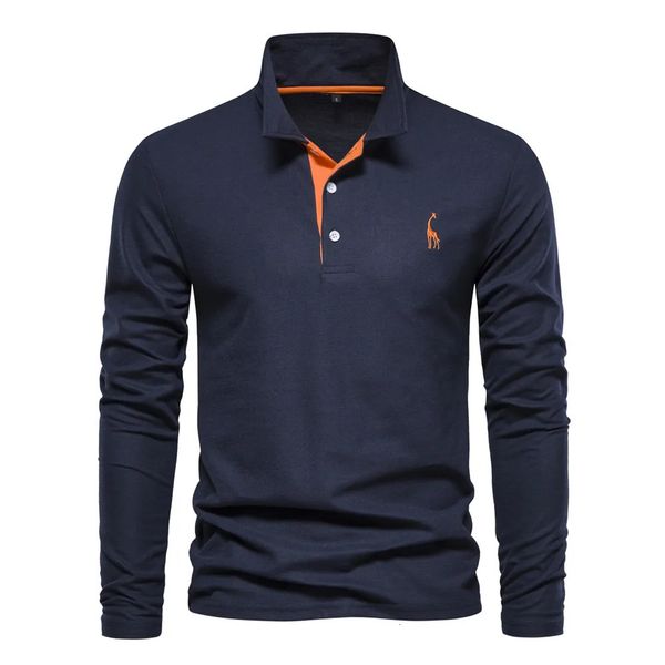 Men&#039;s Polos AIOPESON Men&#039;s Deer Embroidery Polo Shirts Solid Color Long Sleeve Social Business Male 231205