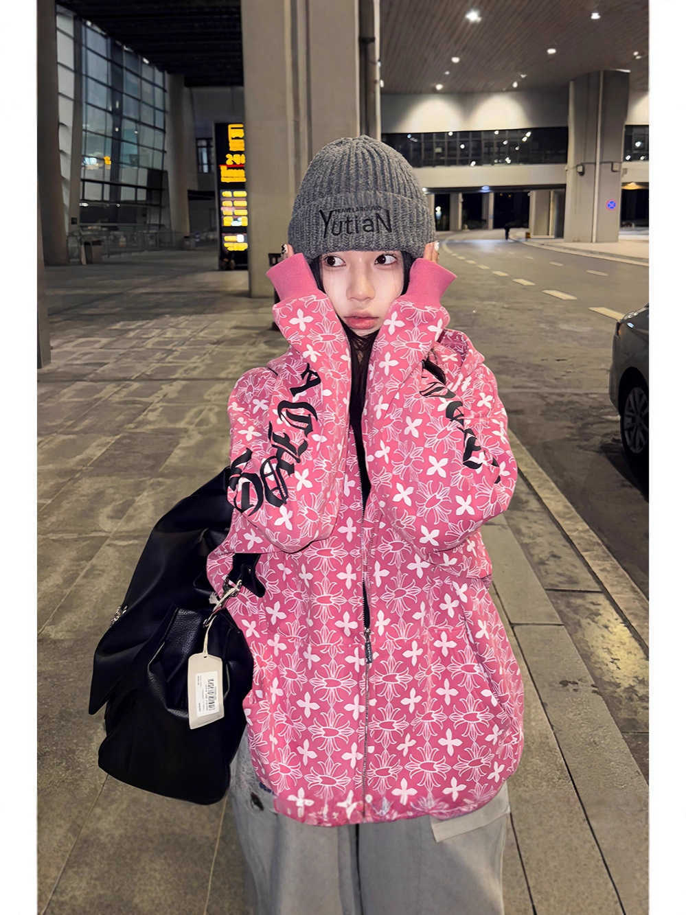 American high street trendy Gothic letter-printed cross-shaped hooded sweatshirt for autumn and winter, loose zipper pullover jacket with full print