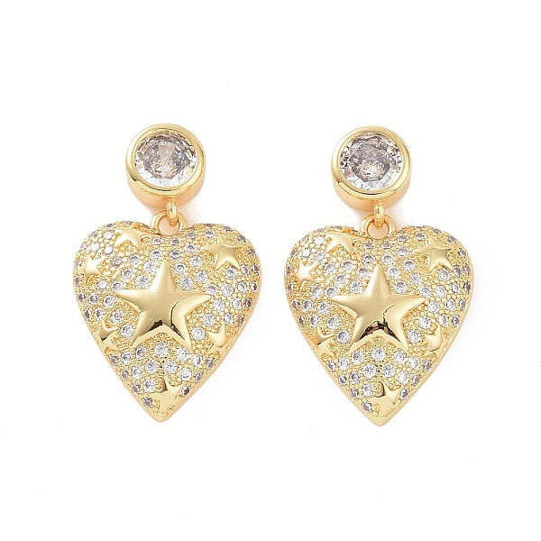 Boucles d'oreilles pendantes en forme de cœur avec zircone cubique transparente et étoile