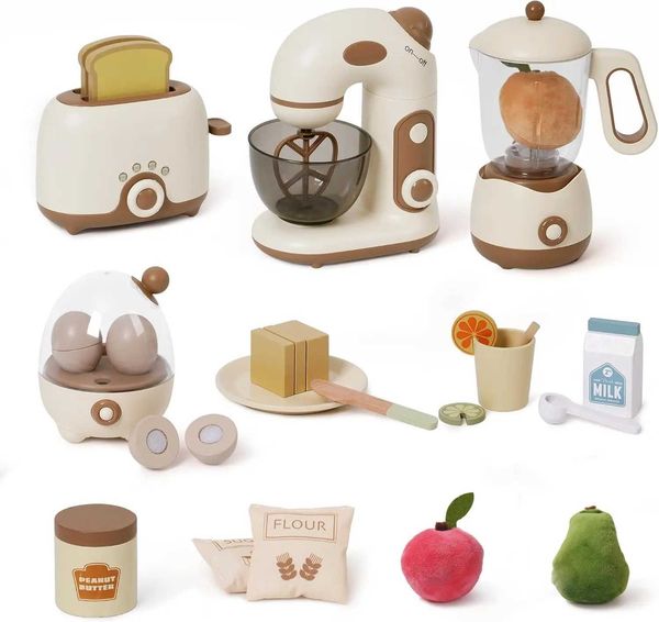 Robud Kids Toy Kitchen Set Wooden Game Kitchen Utensils with Toaster Blender Childrens Game Set 4 sets W241119