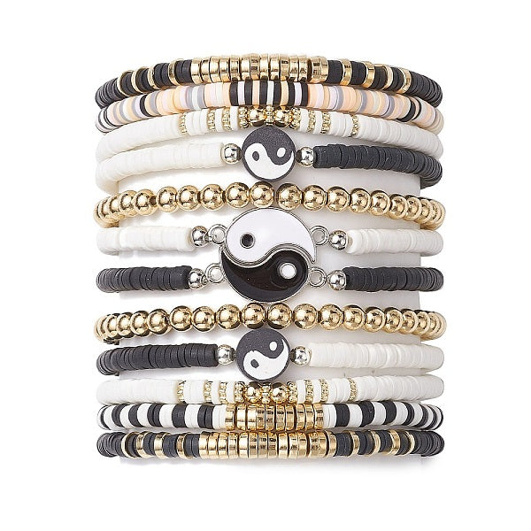 12Pcs Yin-Yang Polymer Clay & Plastic & Alloy Beaded Bracelets