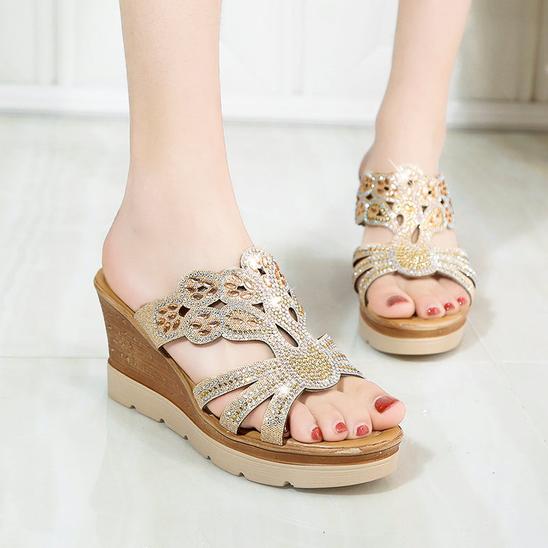 Wedge Plus Size Rhine-drill Fish Mouth High Heels Fashion Muffin Bottom Flip-flops Women Shoes Sandals Ladies Shoes Women