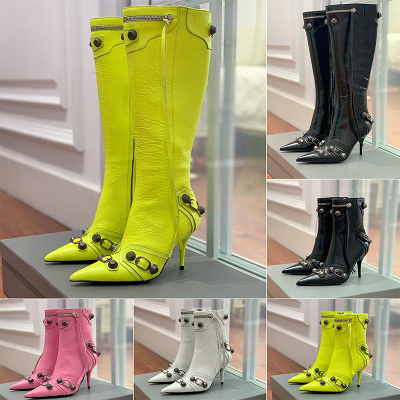 Cagole designer boots womens winter black grain lambskin Knee-high Boot Motorcycle bottes Genuine Leather Stud Buckle Embellished Pointed stiletto h