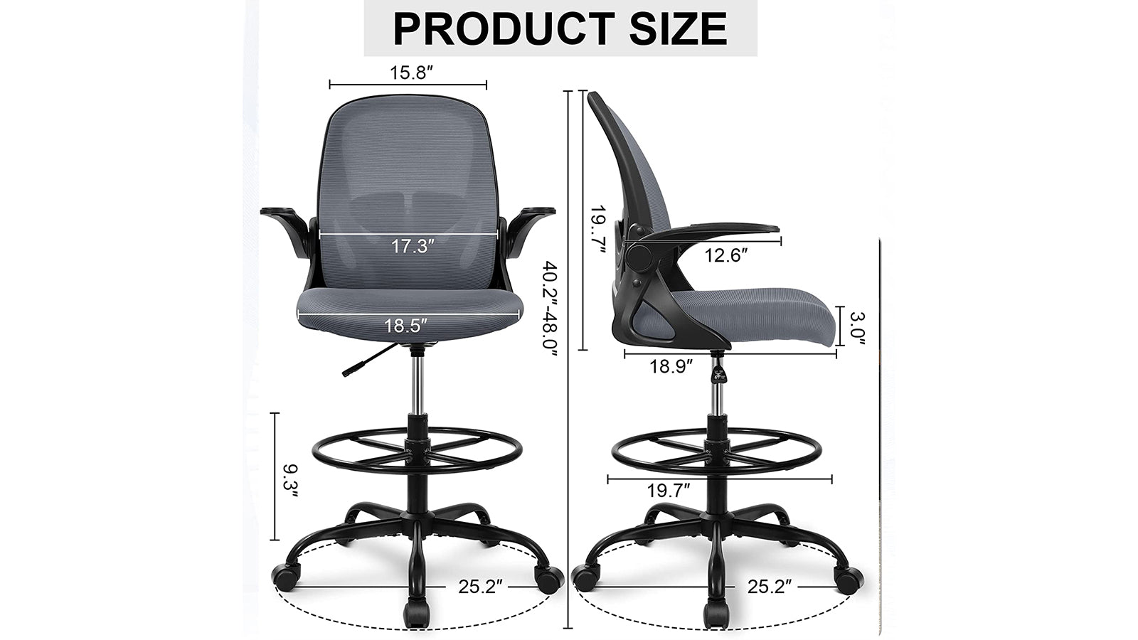 KERDOM Primy Drafting Chair: Foot Ring & Flip-up Arms DARK