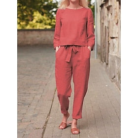 Women's Loungewear Sets Pure Color Simple Casual Comfort Home Daily Vacation Linen Breathable Crew Neck Long Sleeve Shirt Pant Pocket Summer Spring Black Red
