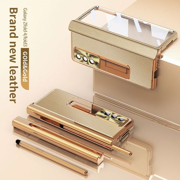 Luxury designer With S Pen Plating Leather Case For Samsung Galaxy Z Fold 4 3 2 5 G Magnet Kickstand Carbon Fibe Screen Protector Phone Cove