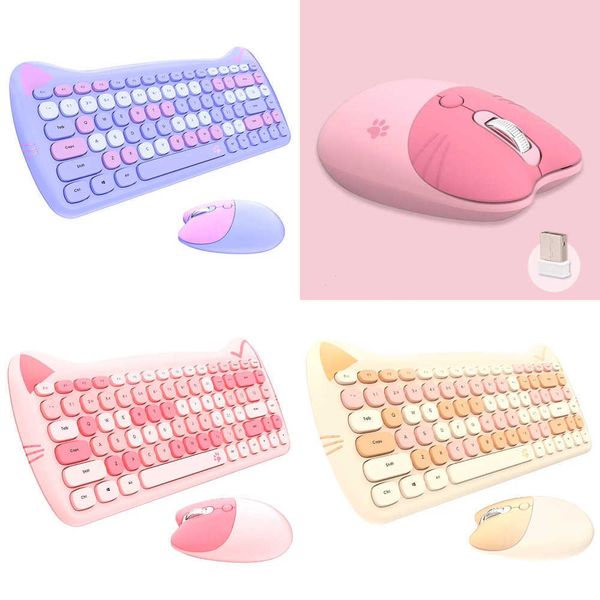 Keyboard Mouse Combos Cute Cat 2.4G Wireless Quiet Small Keyboard Mouse Combos Set Girl Gift Macarone Pink Purple Yellow For Tablet PC Lapto
