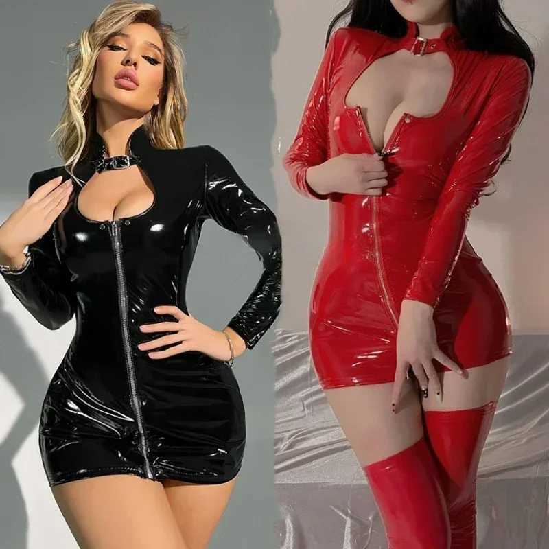 Women Latex Short Dress Fetish Zipper Bodysuit Women Underwear PU Leather Erotic Lingerie Party Dresses Clothes Q250626
