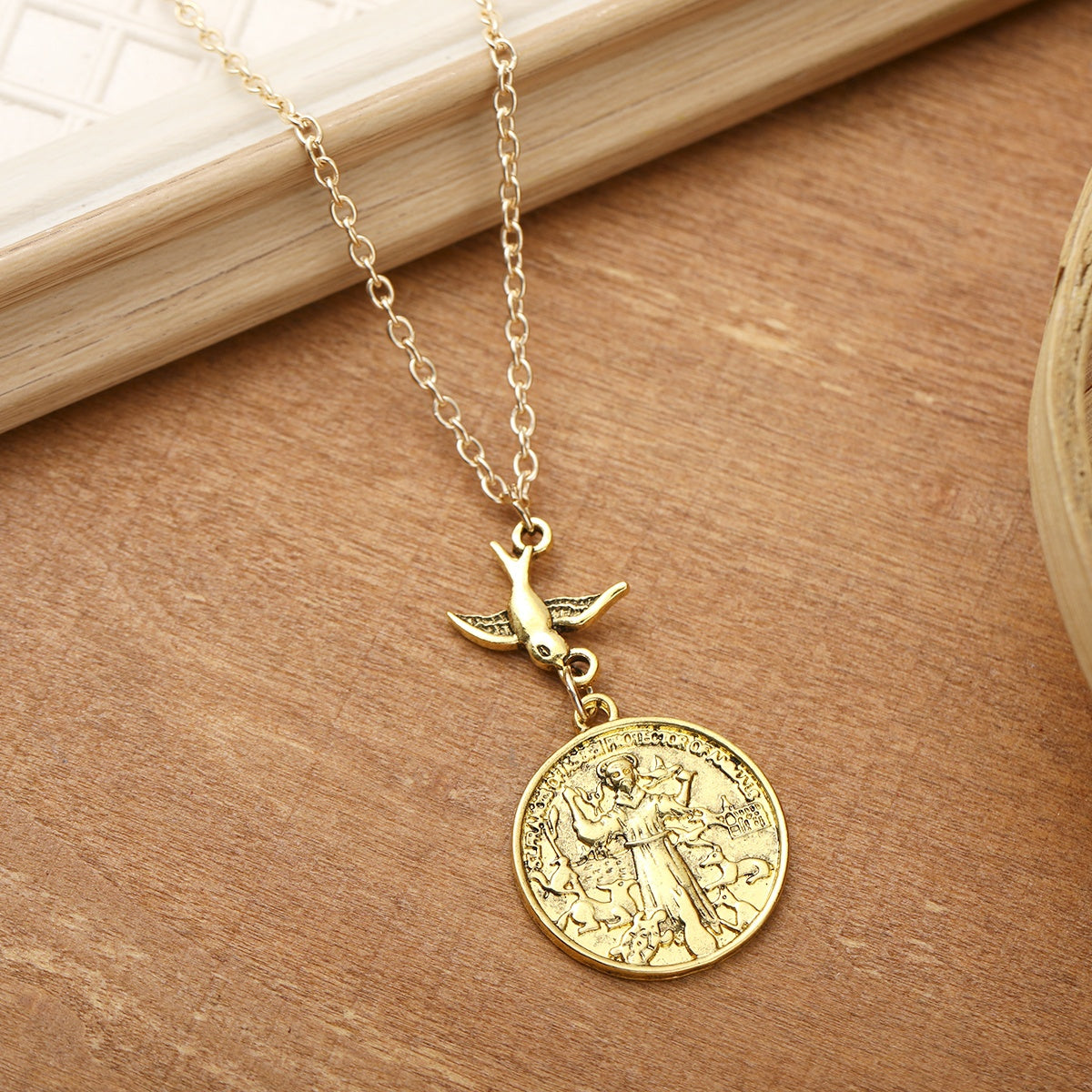 TEMU Saint Of Necklace - Bohemian Vintage Engraved Pendant With Birds & Deer, Golden-tone Chain Jewelry For Women, Casual Attire & Holiday Party