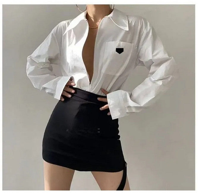 Womens Blouse Shirts Lapel Neck Skirts Leather Designer Woman Tees Shirt Long Sleeves Blouses Sheer Women Tops Lady Sets S-L
