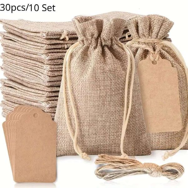 75Pcs-25Set, Premium Bags With Drawstring And Tags String, 4X6 Inch Reusable Gift Burlap Bags, En Sac