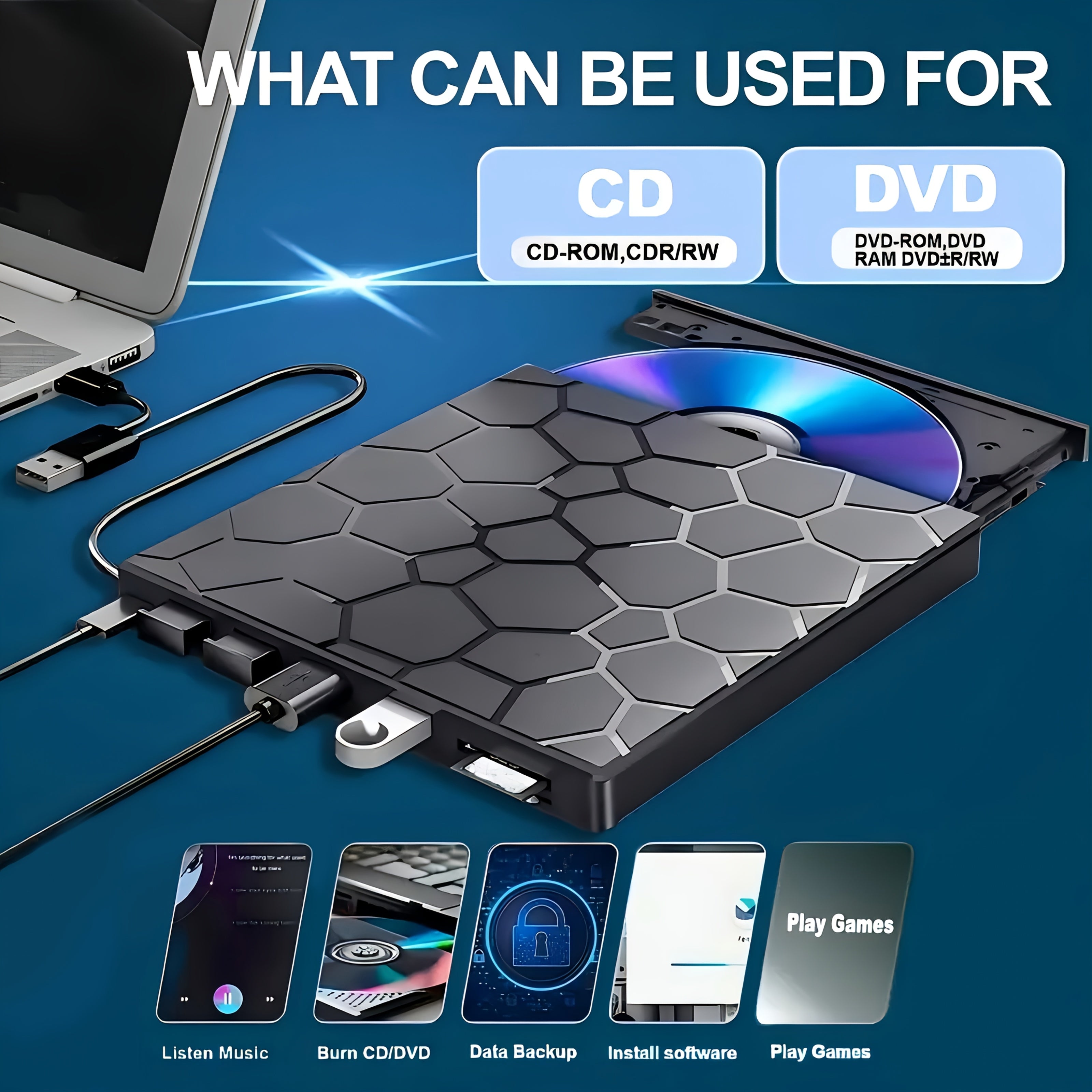 TEMU Versatile External Dvd-cd Drive With Usb 3.0, 2.0, Usb-c & Sd Card Reader, Portable Optical Burner For Laptops, Desktops, Windows, , , Hexagonal