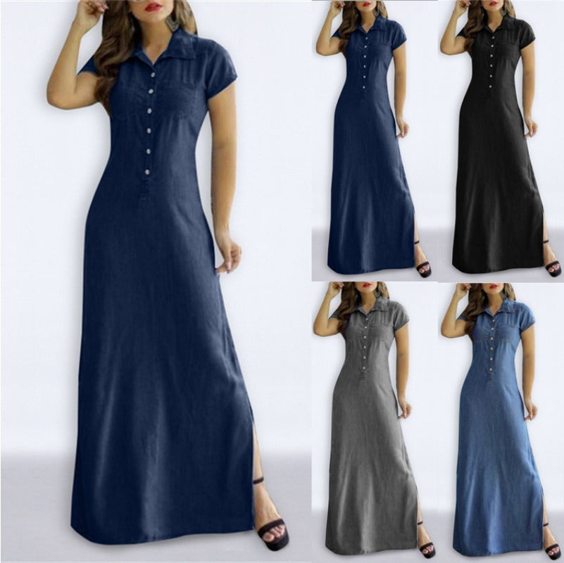(1104) Shirt Collar Slit Pocket Large Swing Skirt Large Size Casual Denim Dress