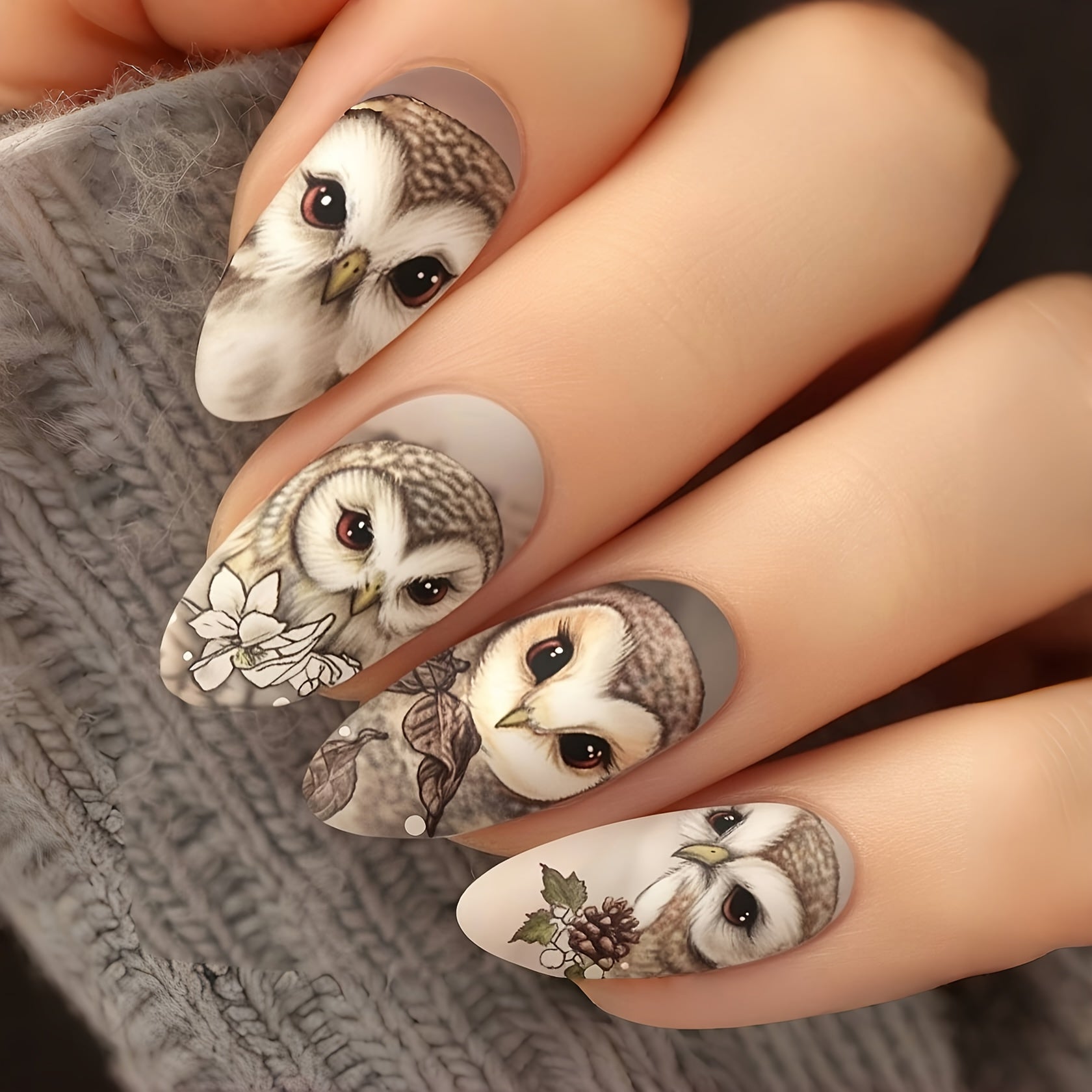 TEMU 24pcs Owl Nail Art Set, Almond Shaped Medium Length, Glossy Yellow Animal Pattern, Parties