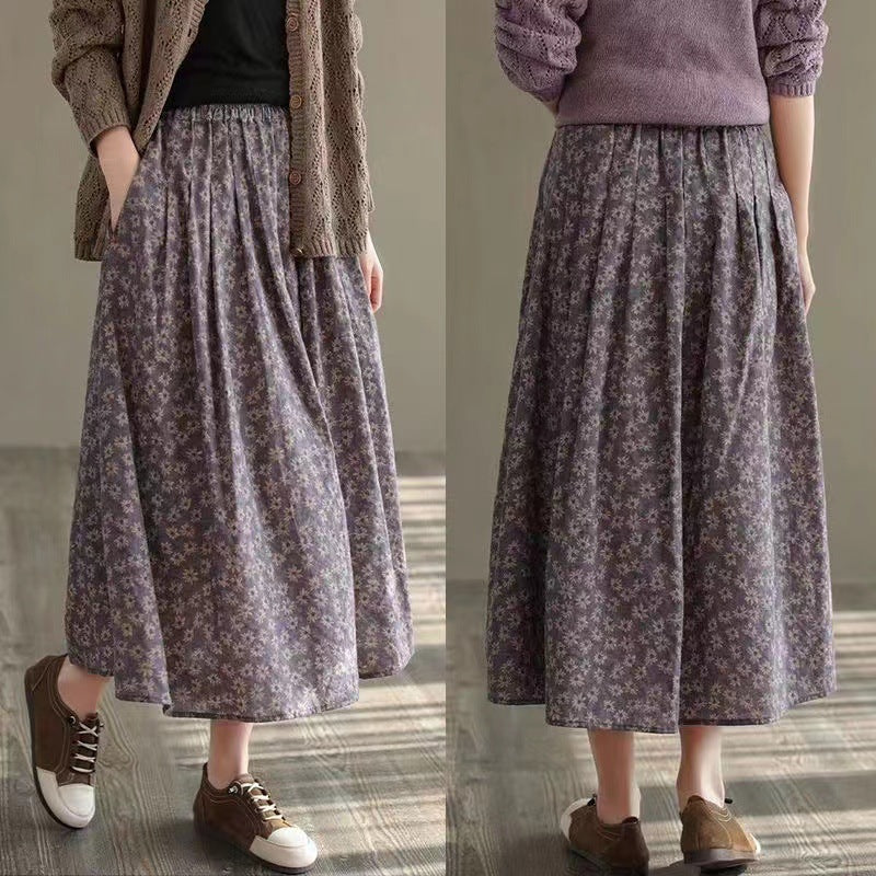 095 Spring and Autumn Floral Skirt Women&#039;s High Waist Retro Swing Midi Skirt Summer Skirt All-match Slimming Plus Size Skirt