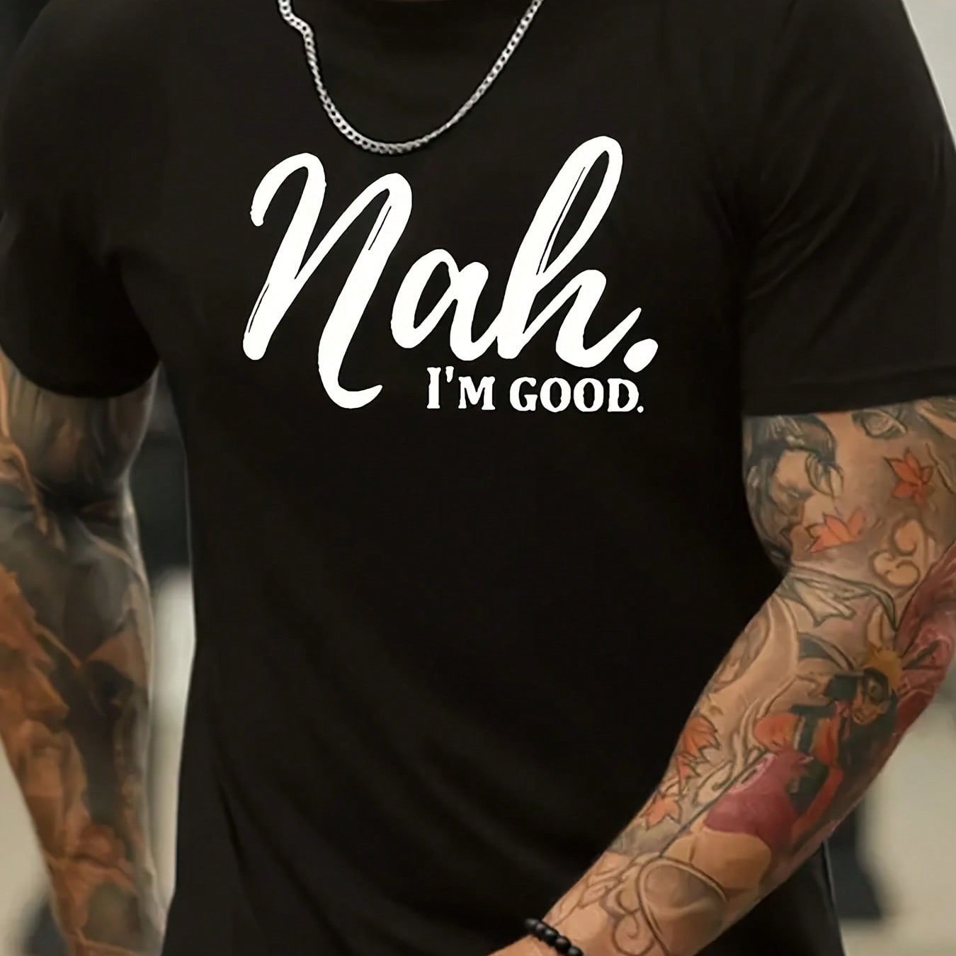TEMU Men's "nah... " Graphic T-shirt - Black Cotton, Short Sleeve, Round Neck, , Machine Washable, Ideal For