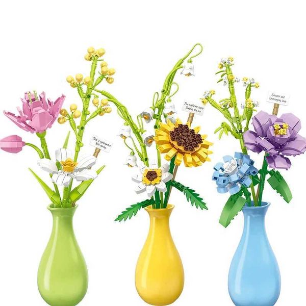Plant Flower Building Blocks Suower Lily Daffodil Preserved Flower Model With Vase Bricks Toys Birthday Gifts For Children Z250111