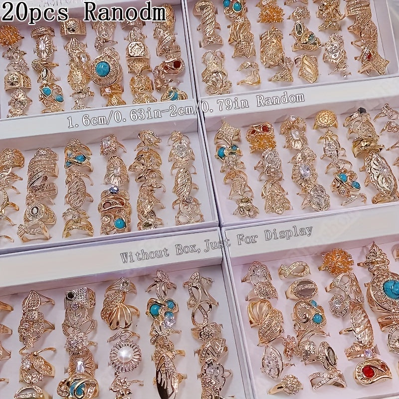 TEMU 20pcs Elegant Vintage & Colorful Cubic Zirconia Ring Set For Women - Mixed Styles, Copper , Weddings, Parties & Casual Attire