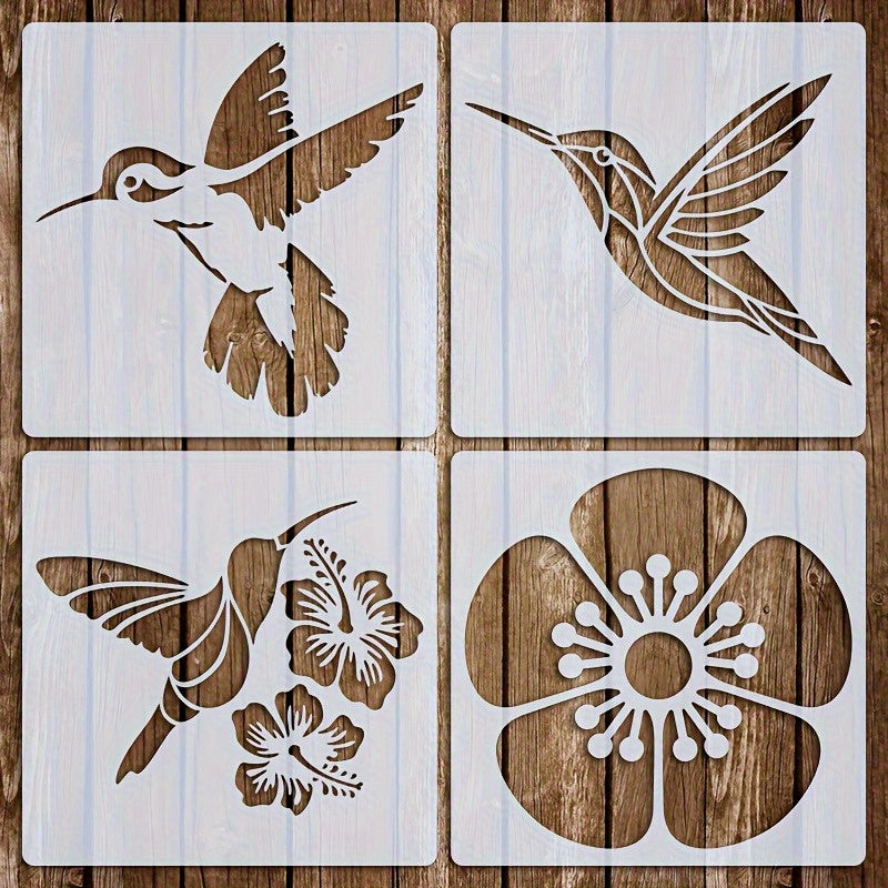 TEMU 4pcs Reusable Hummingbird & Cherry Stencils, 5.9 Inch Square - Washable Templates For Decor, Fabric, Canvas, Wood Wall & Furniture, Wood Art