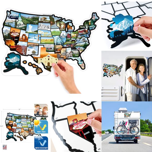 New Of The United States Travel Camper Map RV 50 State Decal Stickers With Scenic Illustrations 21 X 14.5