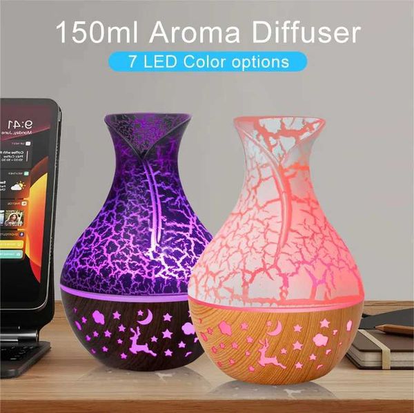 150ml new vase air humidifier hollow wood grain aromatic oil diffuser 7-color LED light M240829