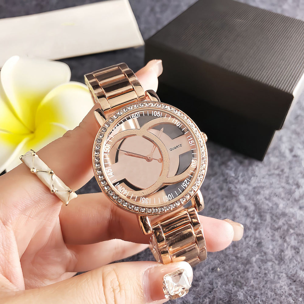 Brand Quartz Wristwatches Women Girl Ladies Hollow Crystal Style Watch Steel Band Clock CH130